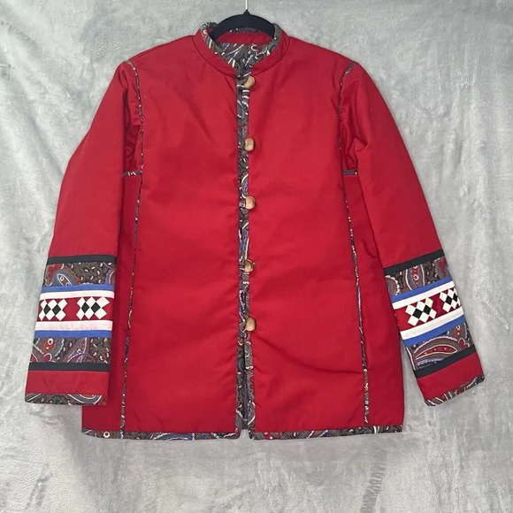 VTG Patchwork Asian Traditional Red Reversible Paisley Geometric Jacket Sz M - Picture 2 of 13